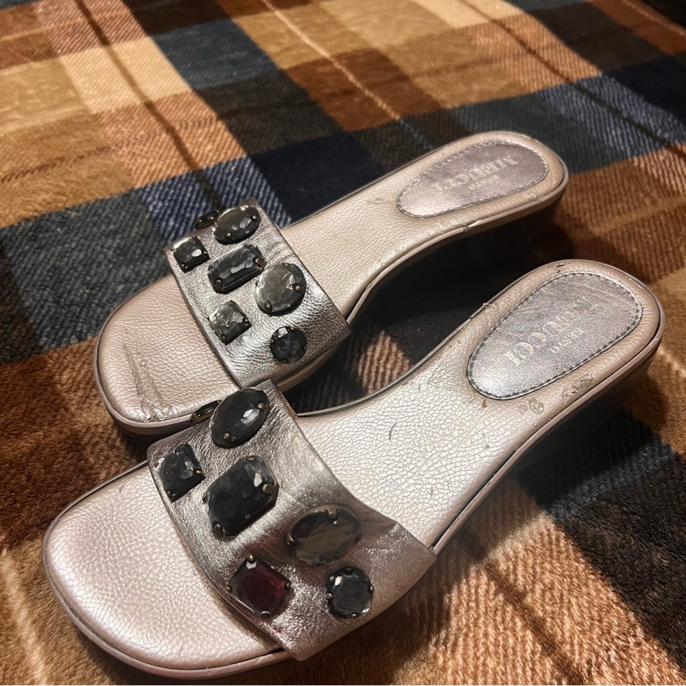 Sesto Meucci Metallic Slide Sandals with Black Gem Accents